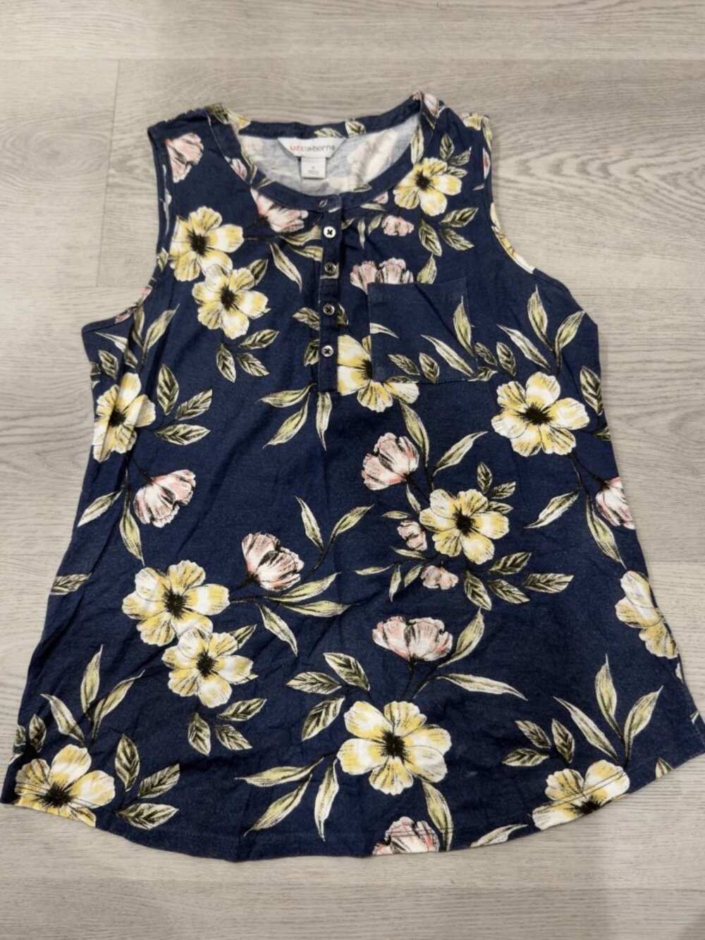 Liz Claiborne Womens Navy Floral Sleeveless Button Neck Tank Top Small